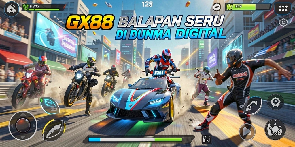 Screenshot utama GX88 menampilkan aksi balapan yang mendebarkan.