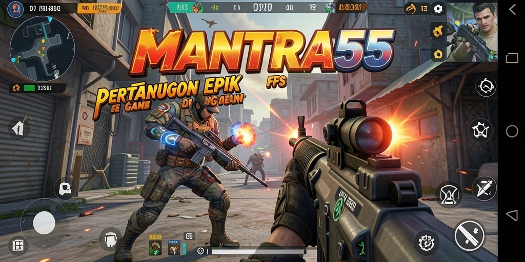 Tangkapan layar dari gameplay intens <strong>MANTRA55</strong> dengan aksi menembak yang mendebarkan.
