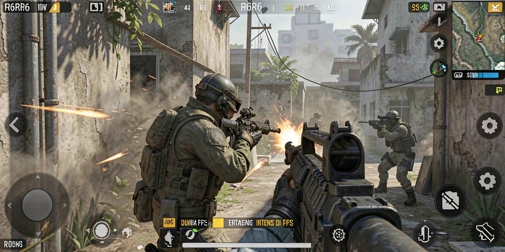 Screenshot gameplay R6R6 menampilkan aksi tembak-menembak yang intens.